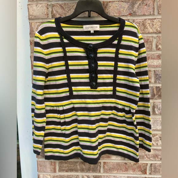 Jones New York Yellow Multi Color Striped Tapered Warm Knit Long Sleeve Shirt - Picture 2 of 10